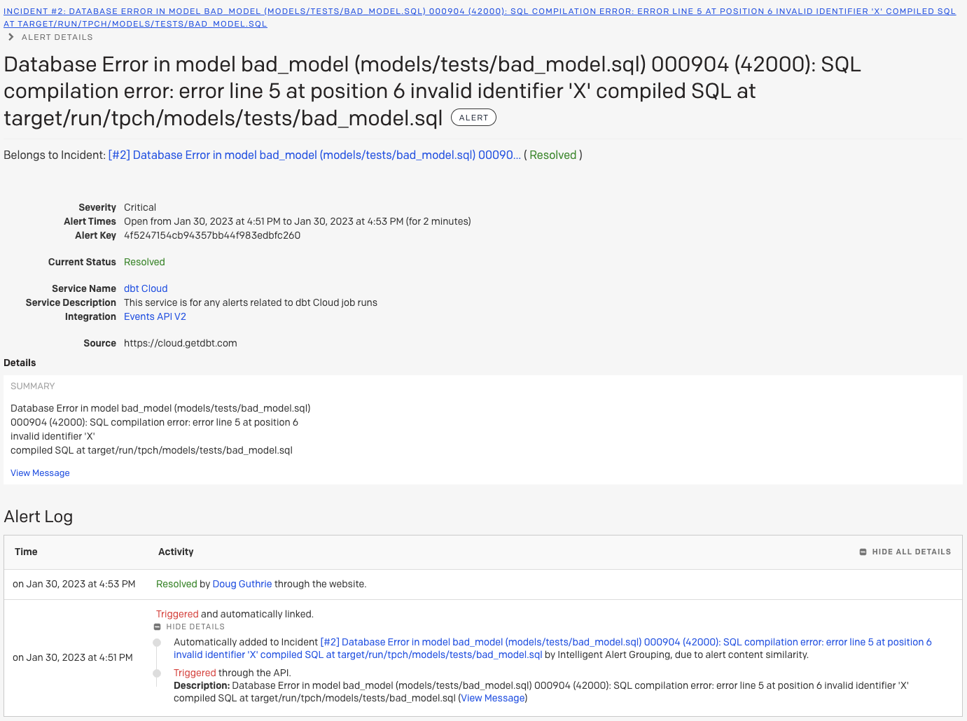 Screenshot of the PagerDuty UI, showing an alarm created by invalid SQL in a  model