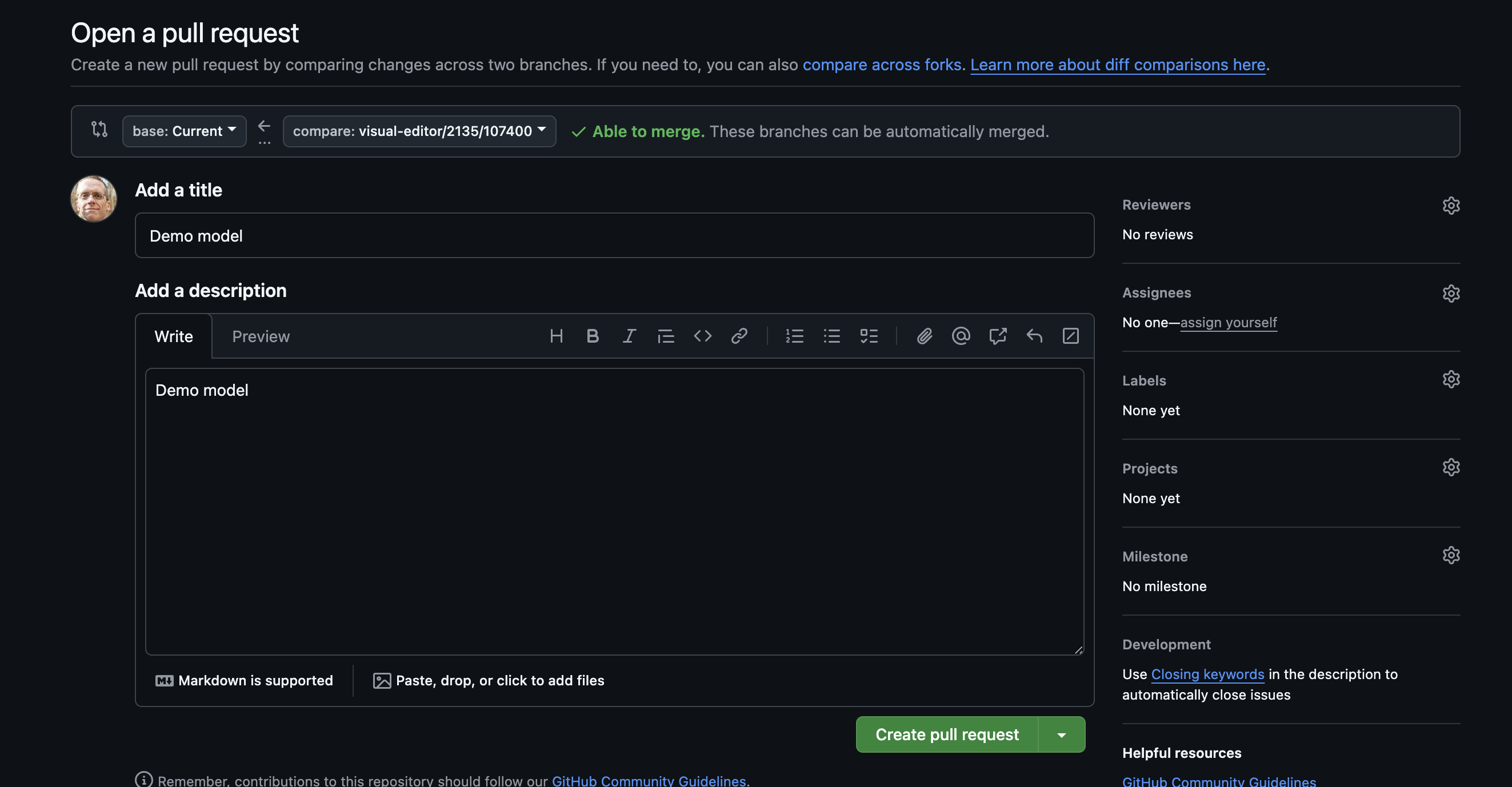 Example of the screen you're taken to in GitHub when you create a pull request from the Visual Editor. Example of the screen you're taken to in GitHub when you create a pull request from the Visual Editor.