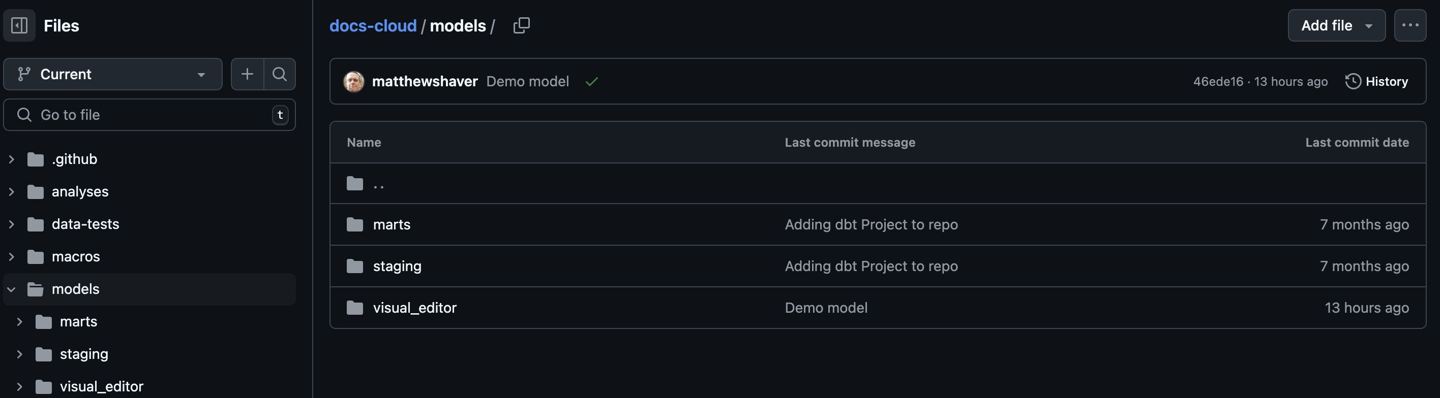 Example of the Visual Editor's model path in GitHub.